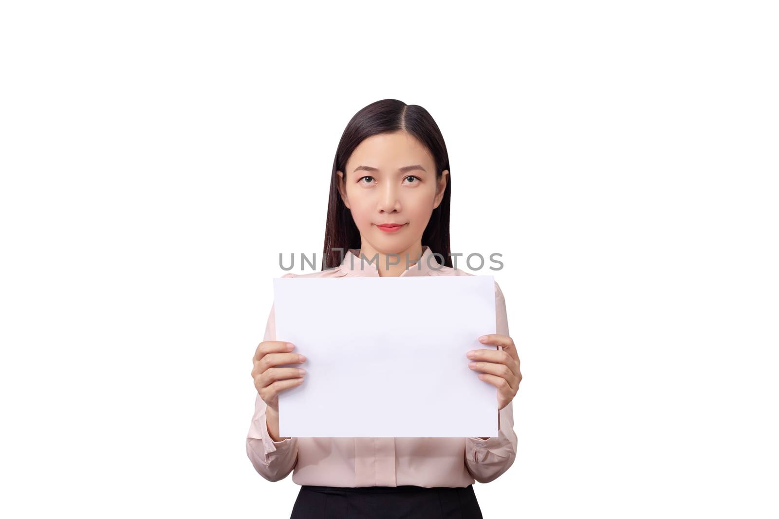 asian businesswoman holding blank white placard board paper sign with empty copy space isolated on white background with clipping path