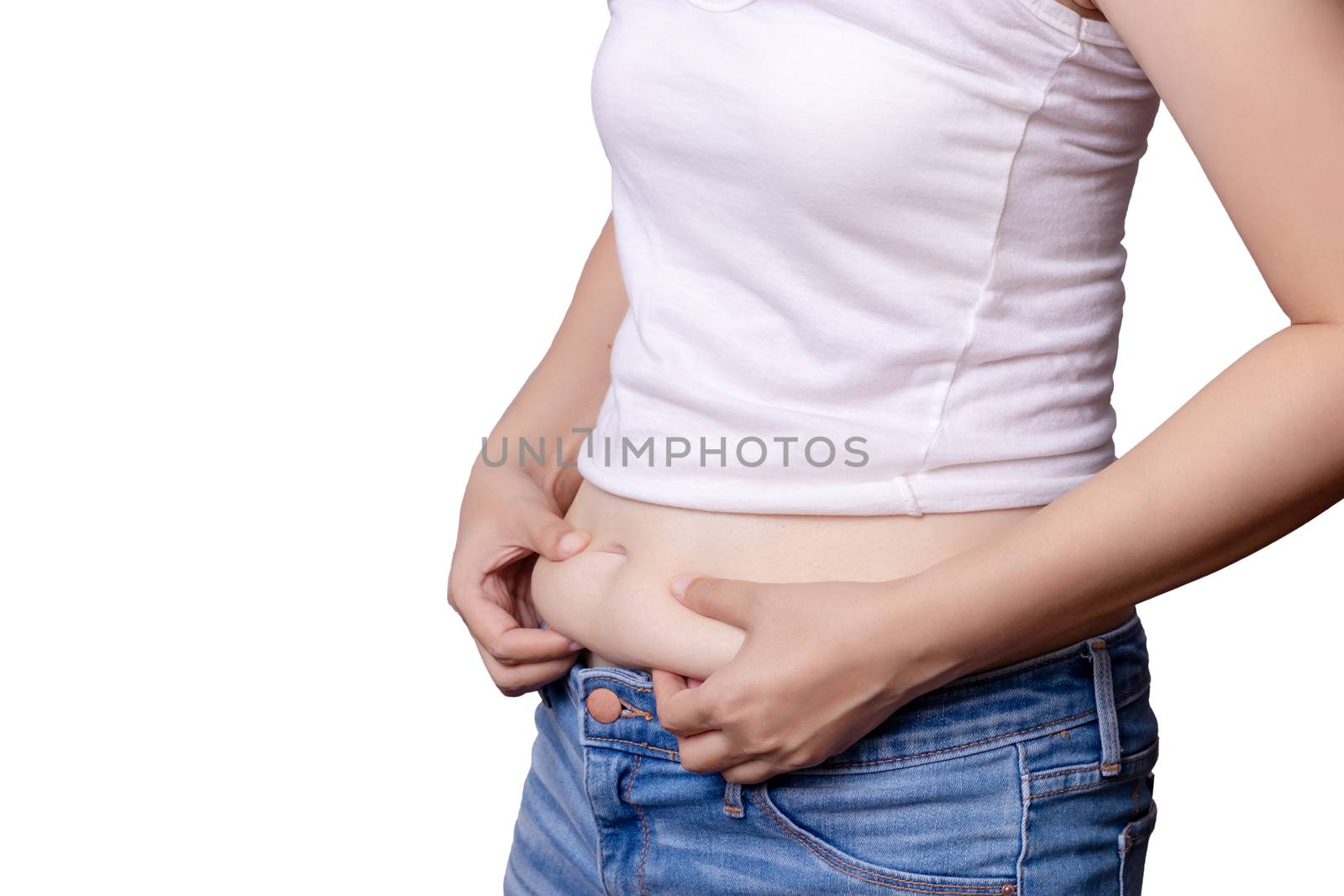 asian woman body fat belly side view and hand squeezing excess fat isolate on white background , clipping path include by asiandelight