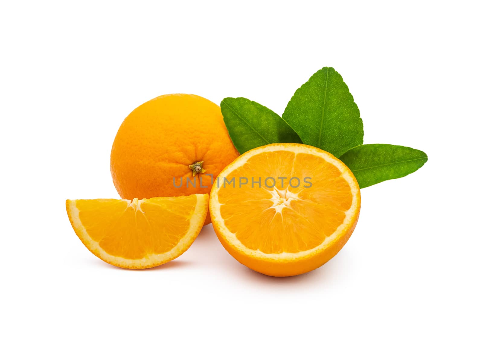 a group of fresh orange fruits with green leaves, isolated on white background with clipping path. fruit product display or montage, studio shot