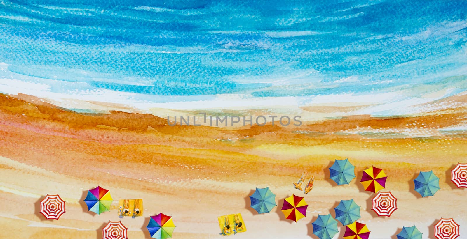 Painting watercolor seascape Top view colorful of lovers, family vacation and tourism in summery,multi colored umbrella, sea wave blue background. Painted Impressionist, abstract image illustration.