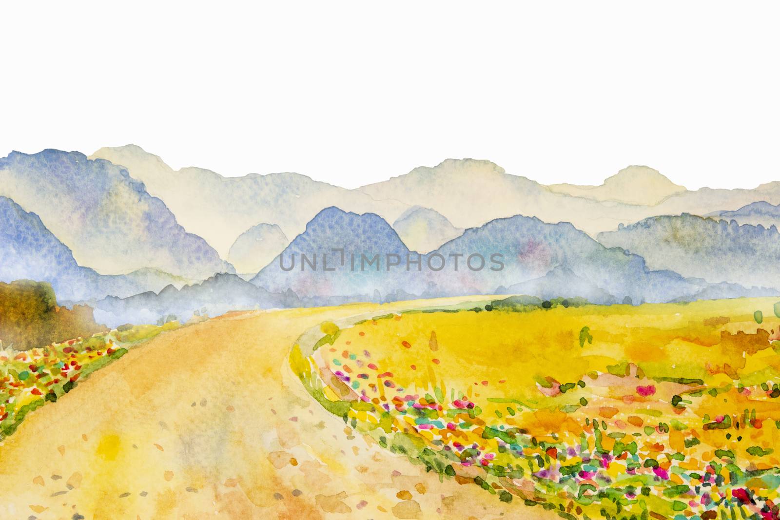 Watercolor landscape painting colorful of mountain meadow with road in the Panorama view and emotion rural society, nature beauty white background. Hand painted semi abstract illustration.