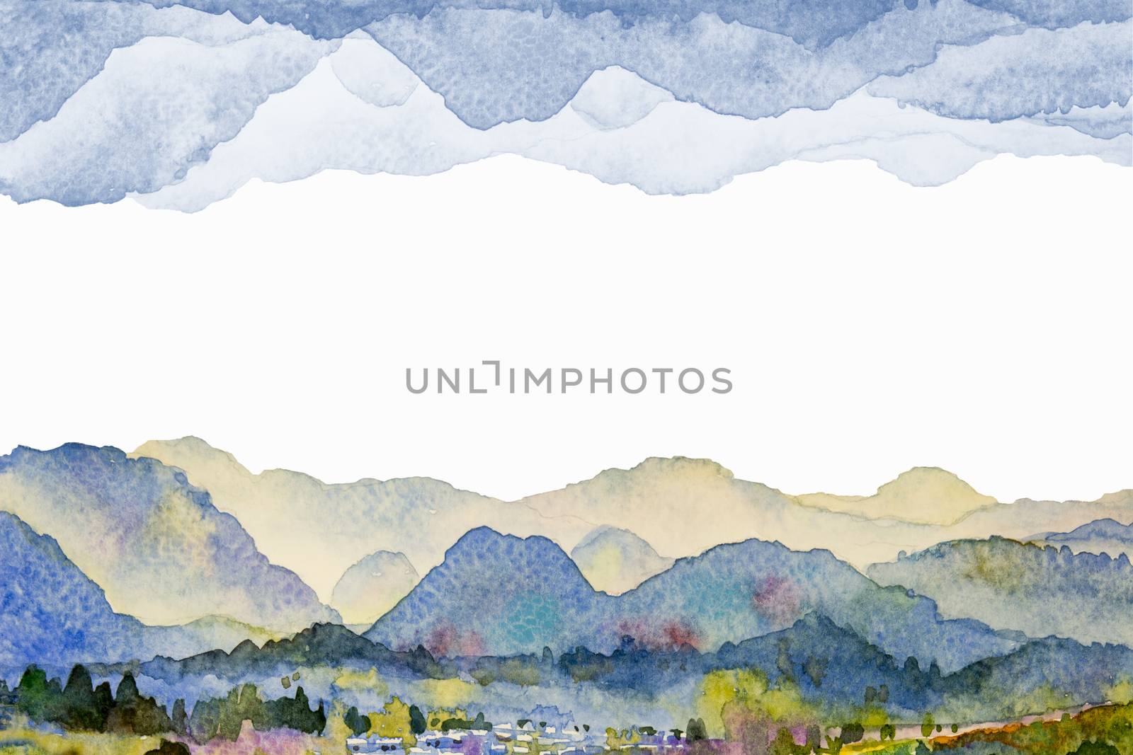 Watercolor landscape painting colorful of mountain meadow with decoration in the Panorama top view and emotion rural society, nature beauty whtie background. Hand painted semi abstract illustration.