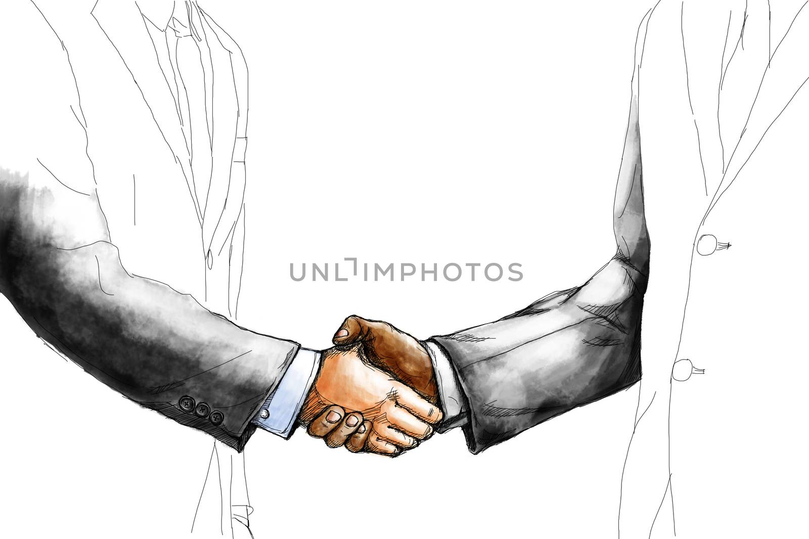 creative drawing sketch of two businessman shaking hand each other for make a deal after the agreement isolated on white background