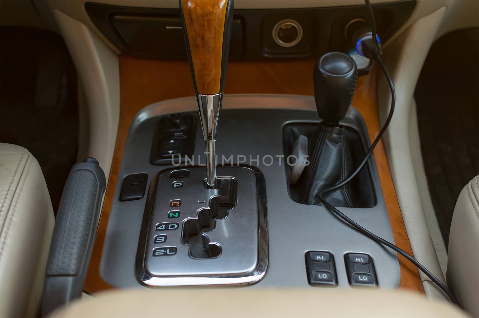 Automatic transmission control console and car interior are close up