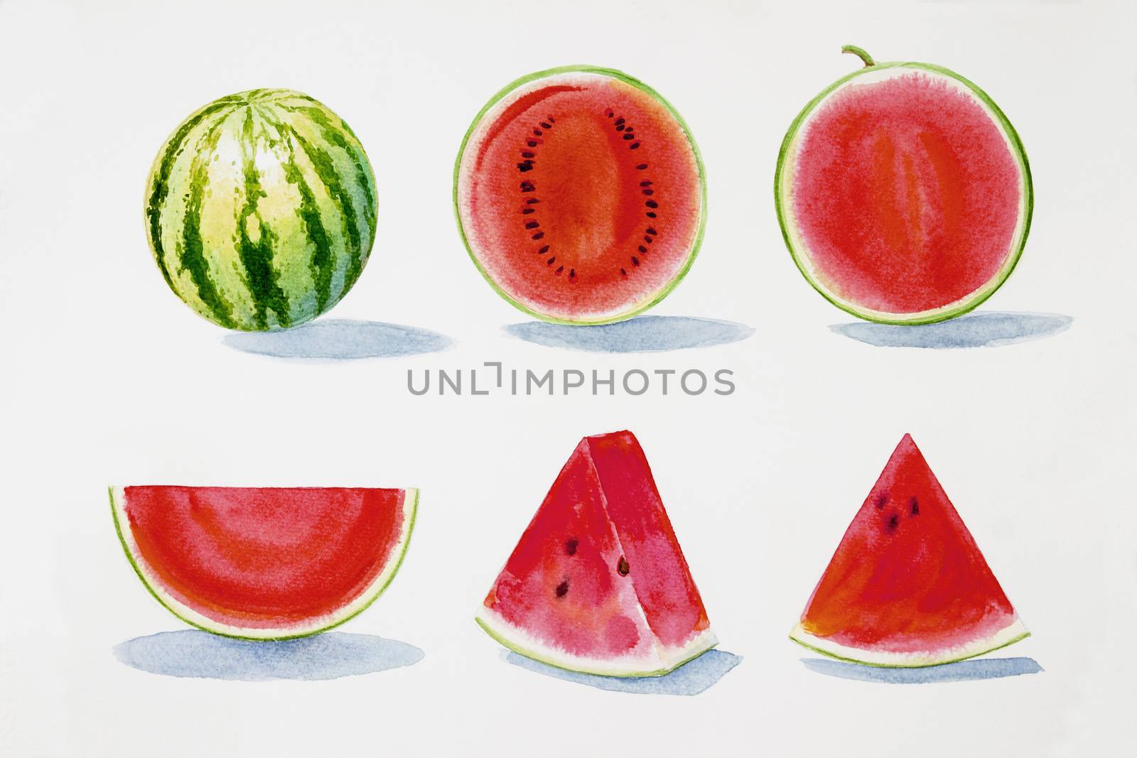 Painting summer watermelon collection, isolated. Original hand drawn watercolor painting, illustration on white background with poster wallpaper for fun party, promotion banner and brochures flyers.