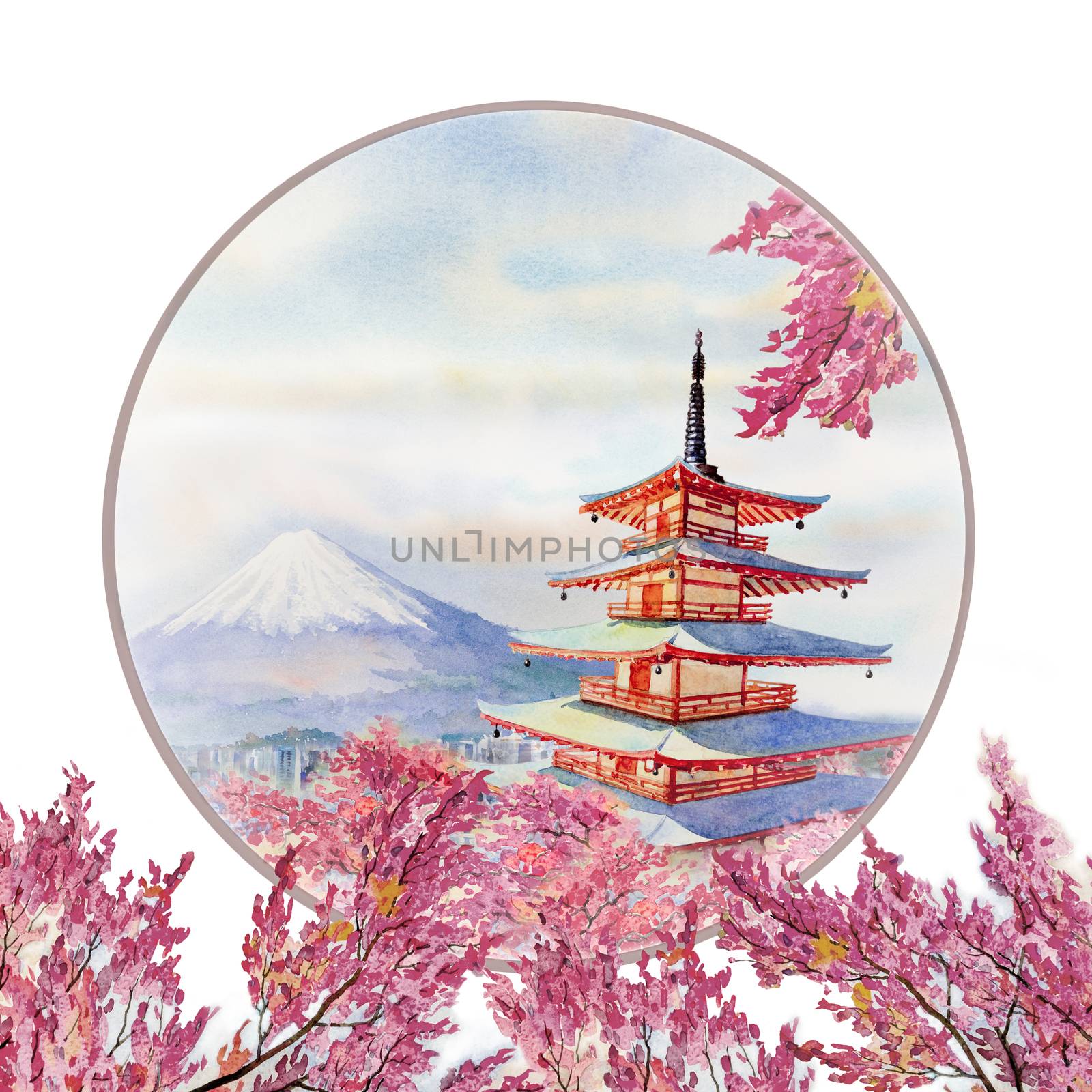 Watercolor painting spring with landmarks in Japan. by Painterstok