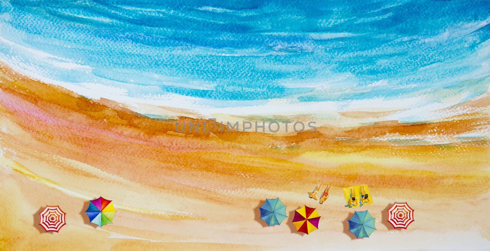 Painting watercolor seascape Top view colorful of lovers, family vacation and tourism in summery,multi colored umbrella, sea wave blue background. Painted Impressionist, abstract image illustration.