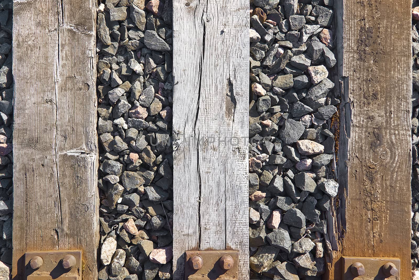 old wooden sleeper on railway, top view background. by PhotoTime
