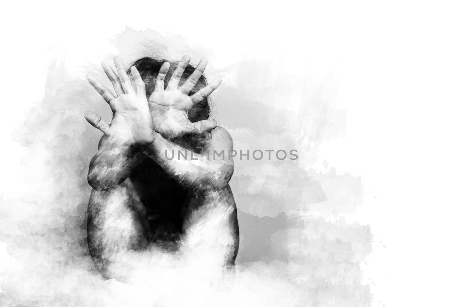 scared man lift hand up for say stop, to protect himself. anti human trafficking campaign. black and white color painting brush style with copy space for campaign poster or flyer by asiandelight