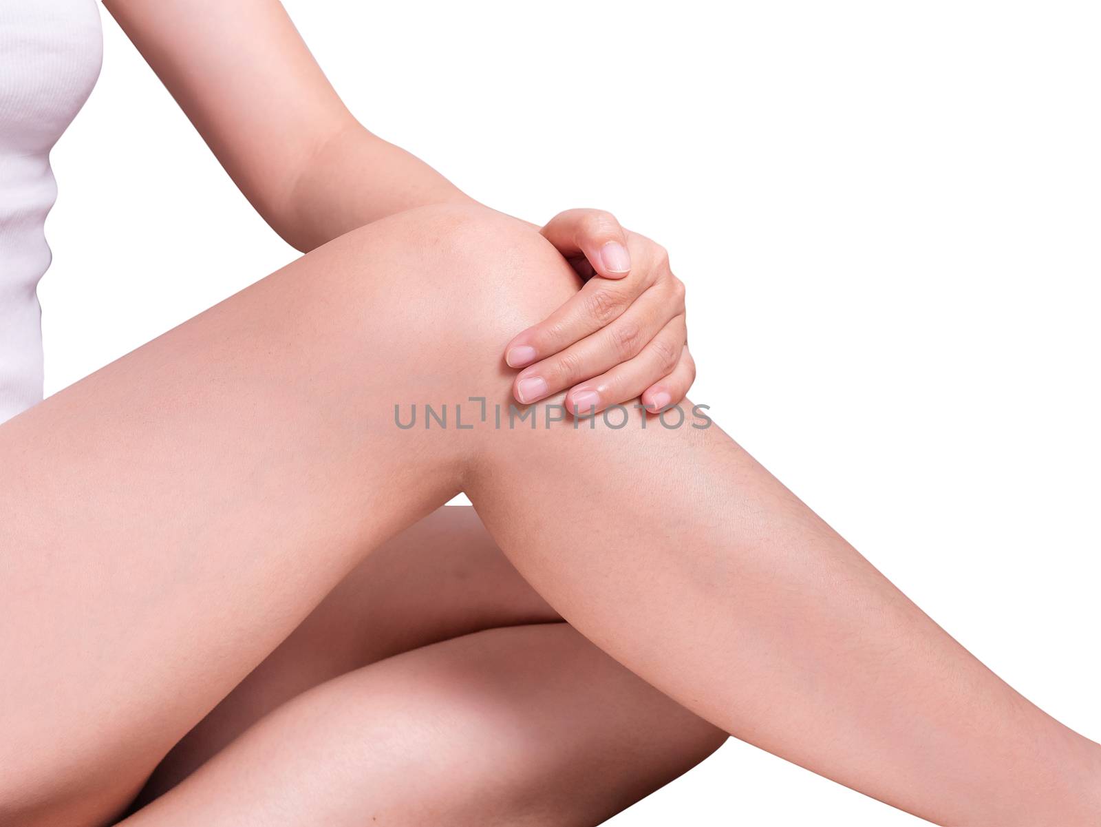 closeup shot of beautiful female's hand touching perfect hairless soft and silky long legs skin isolated on white background, studio shot. hair removal and epilation concept by asiandelight