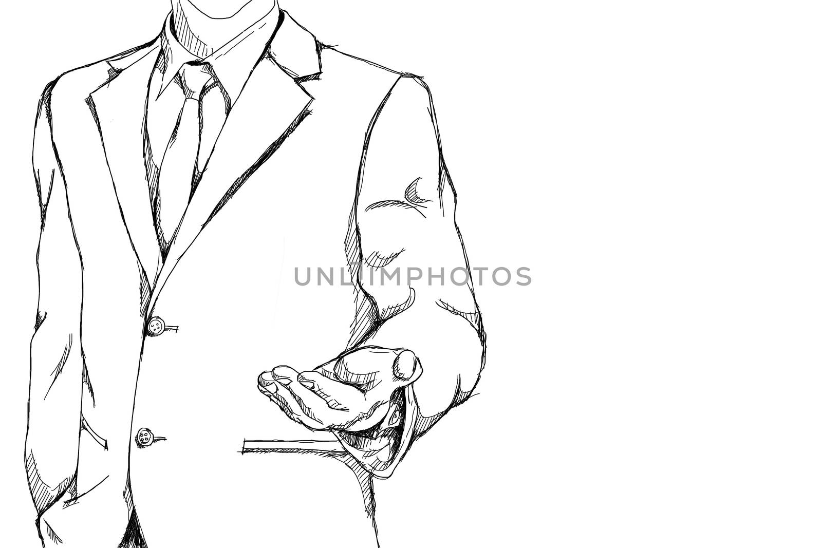 drawing sketch simple line of business man with open palm hand action for invite meaning on friendly business with copy space by asiandelight