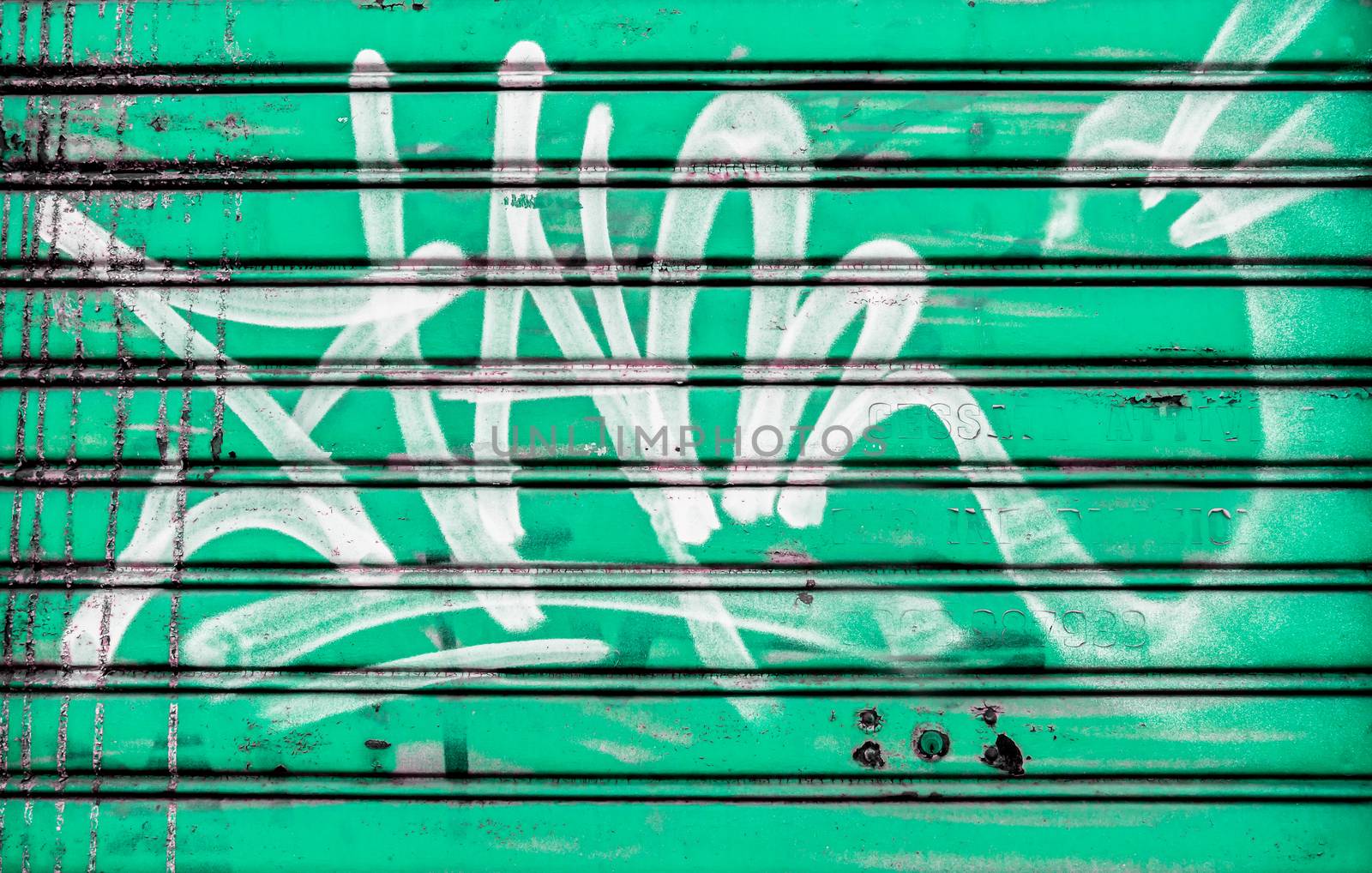 Closed shutter covered with graffiti and green background.