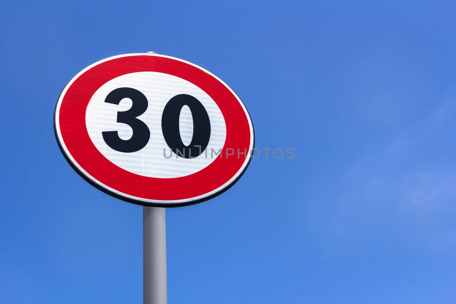 Road sign 30 Km speed limit .Traffic Limitation Order, Red Circle. Space for text.