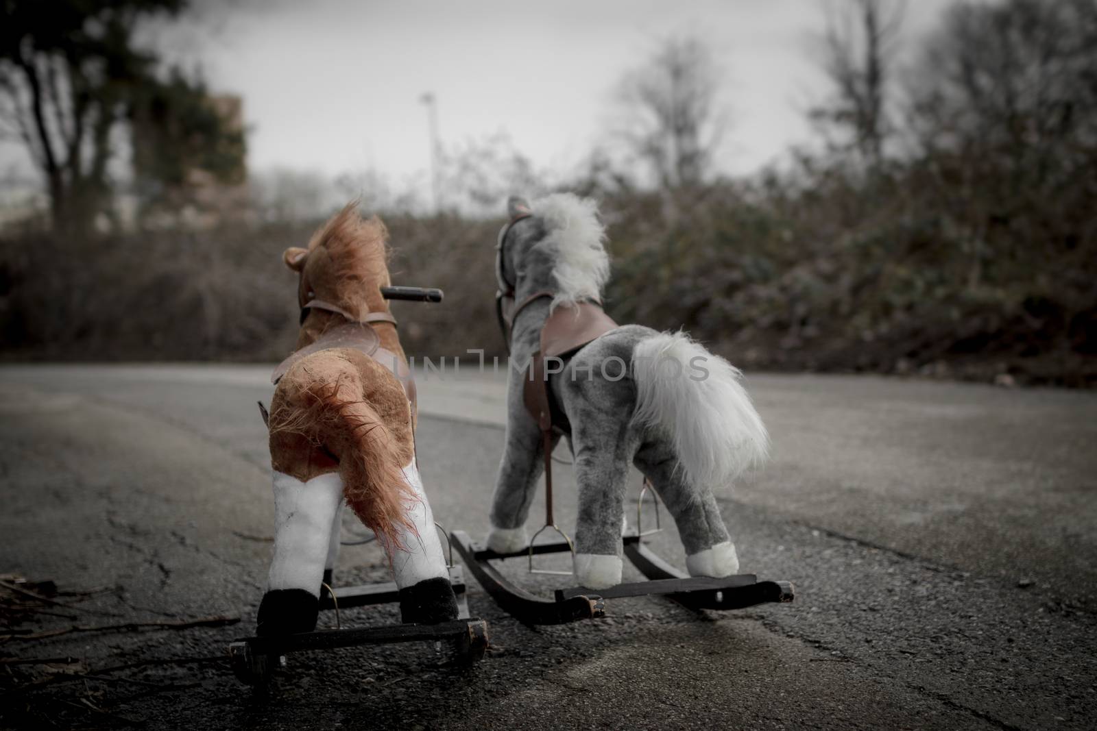 Two toy horses lie abandoned on the roadside.