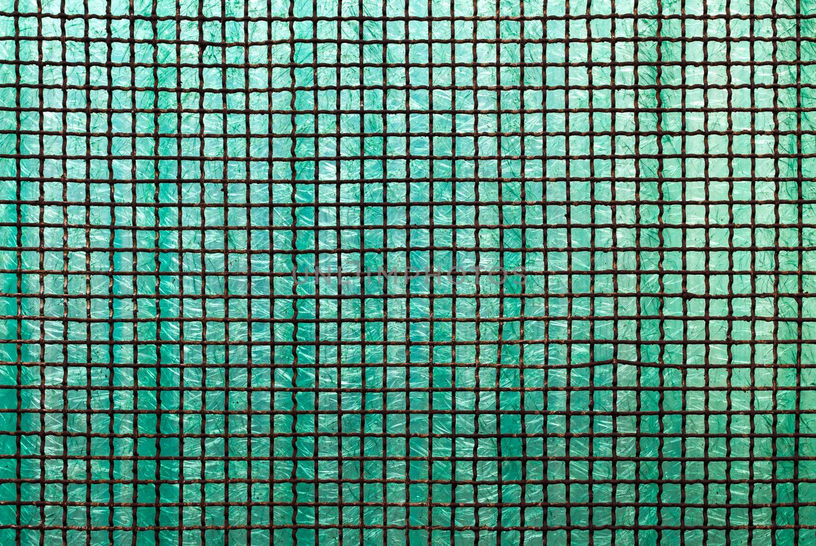Frosted green glass, reinforced with an iron grid now rusty.