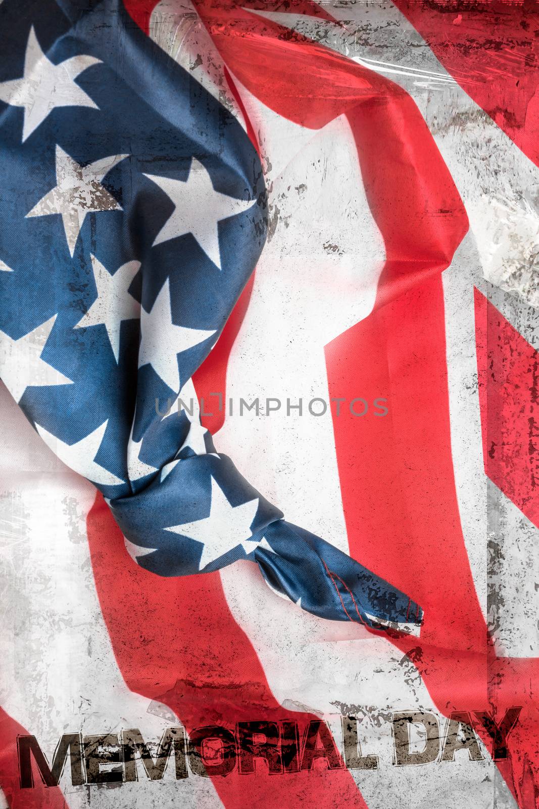 American flag with knot. Conceptual representation of an important event to remember. Save the date. Space for text. Background with old marking tapes. Grungy frame and remains of scotch tape and cellophane. It can be used as a food menu, poster, wallpaper, design t-shirts and more.