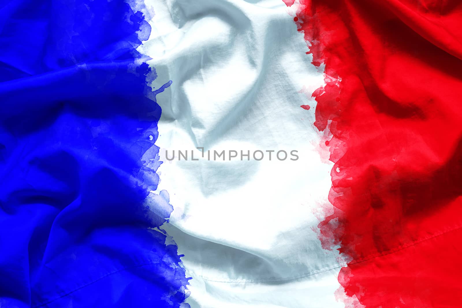 Flag of France (French Republic) by watercolor paint brush on canvas fabric, grunge style