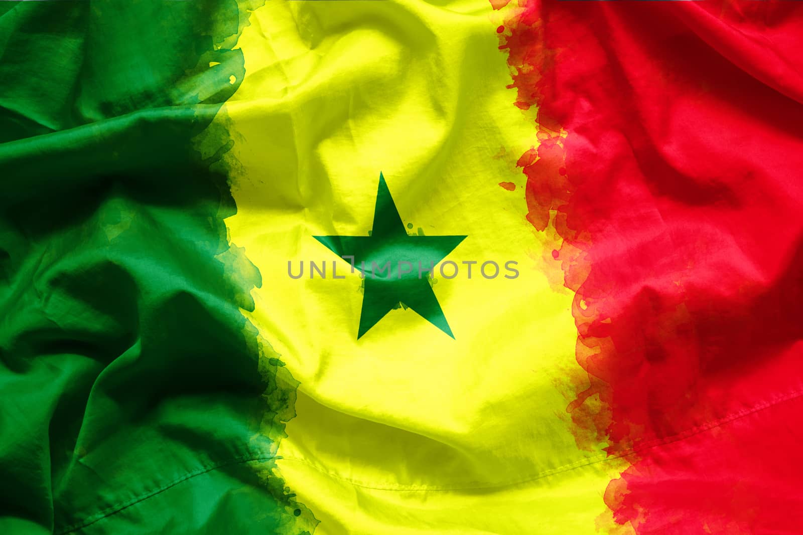 Flag Republic of Senegal by watercolor paint brush on canvas fabric, grunge style