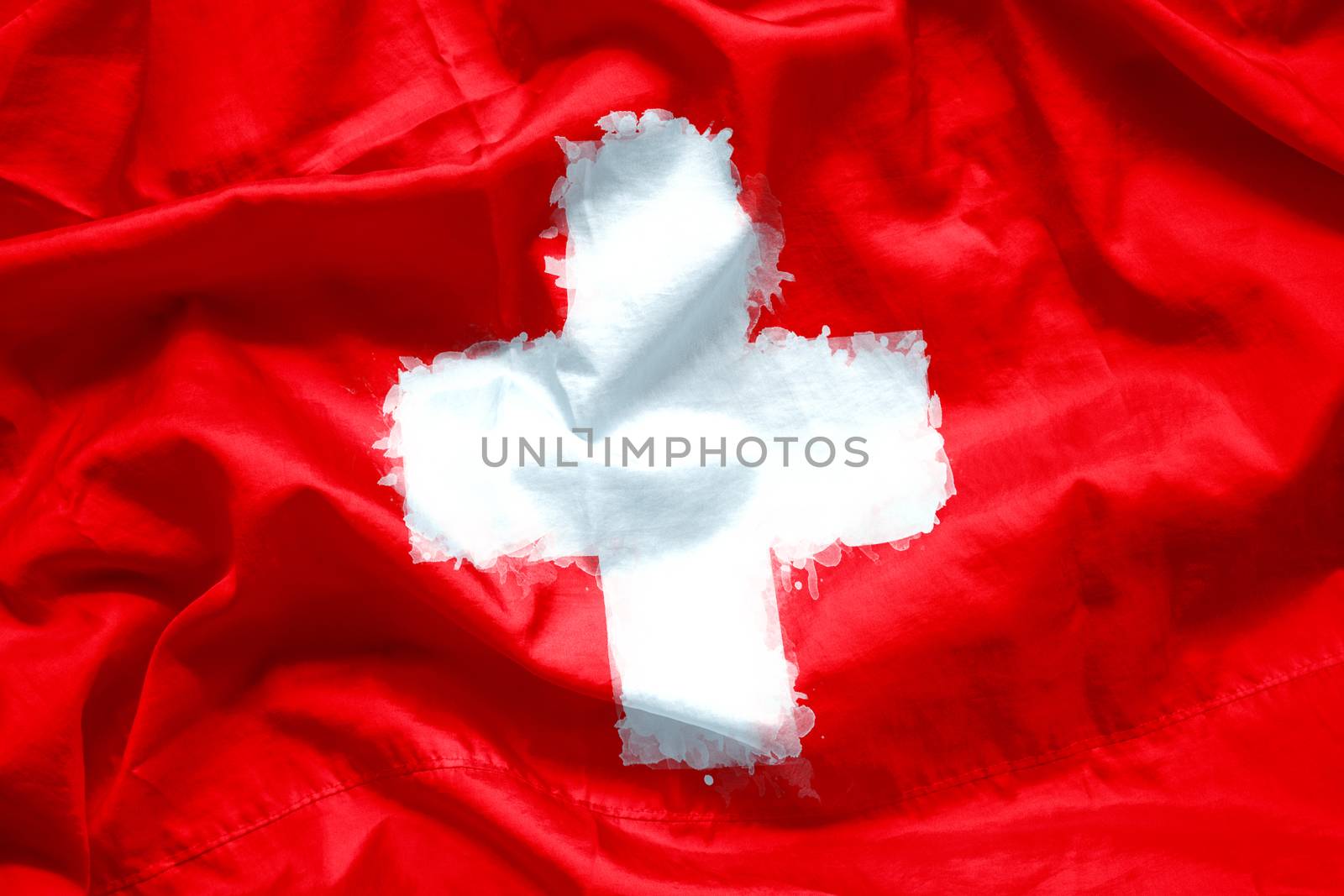Flag of Switzerland by watercolor paint brush on canvas fabric, grunge style