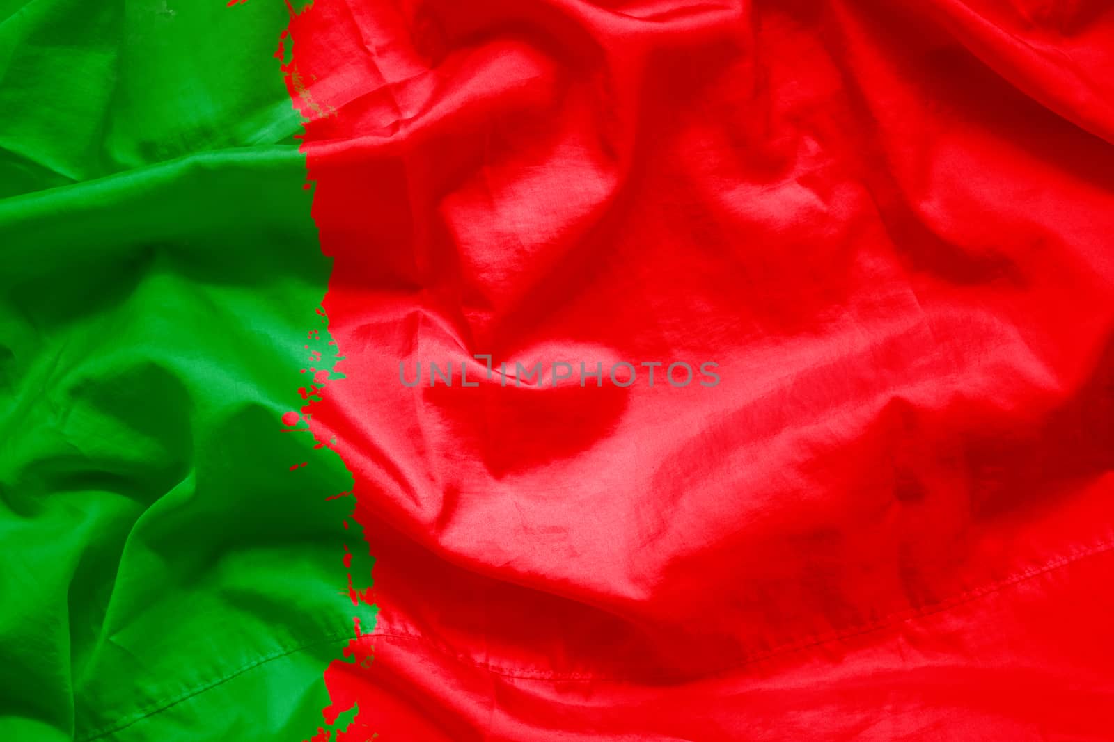 Flag of Portugal (Portuguese Republic) by watercolor paint brush on canvas fabric, grunge style