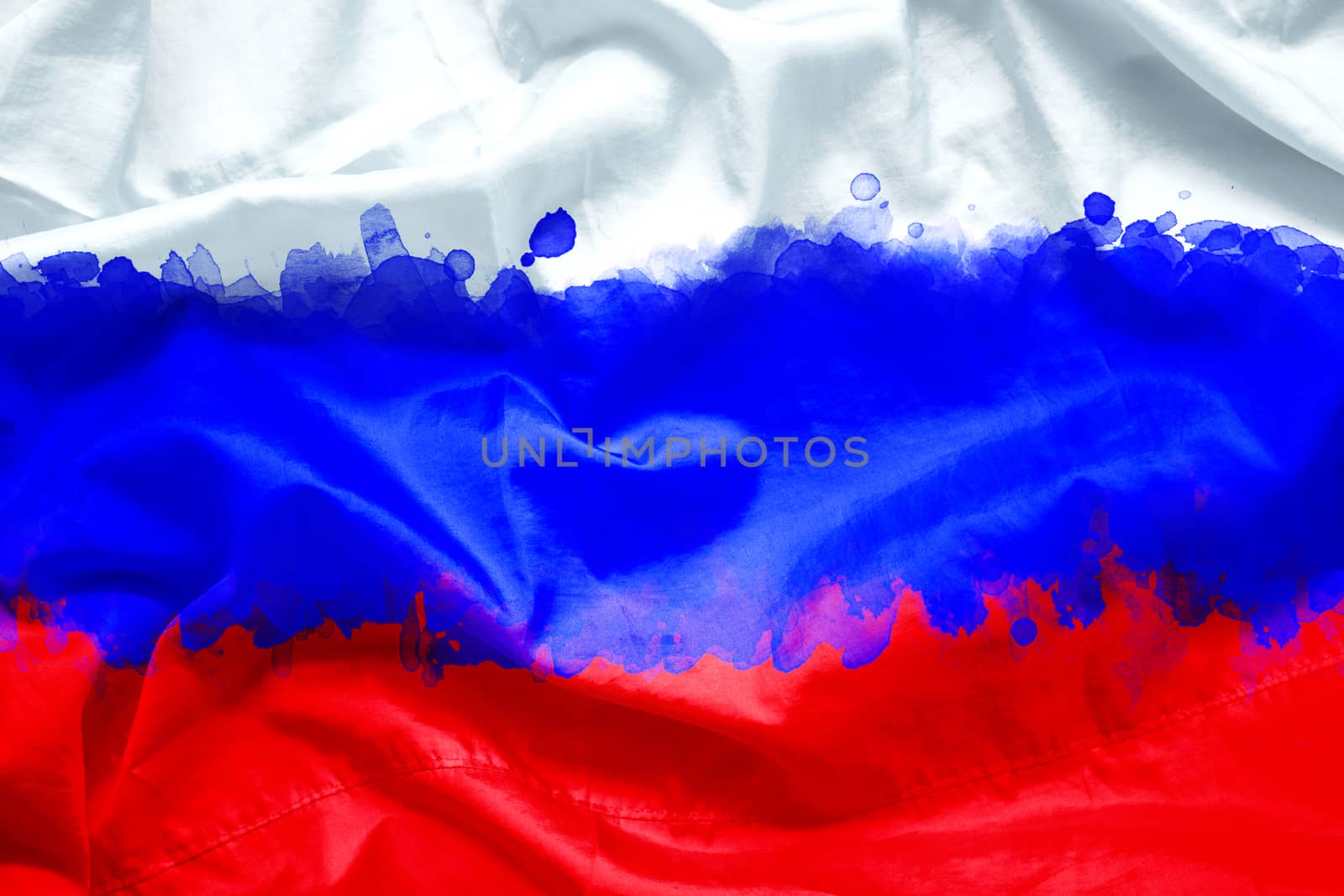 Flag of Russia (Russian Federation) by watercolor paint brush on canvas fabric, grunge style