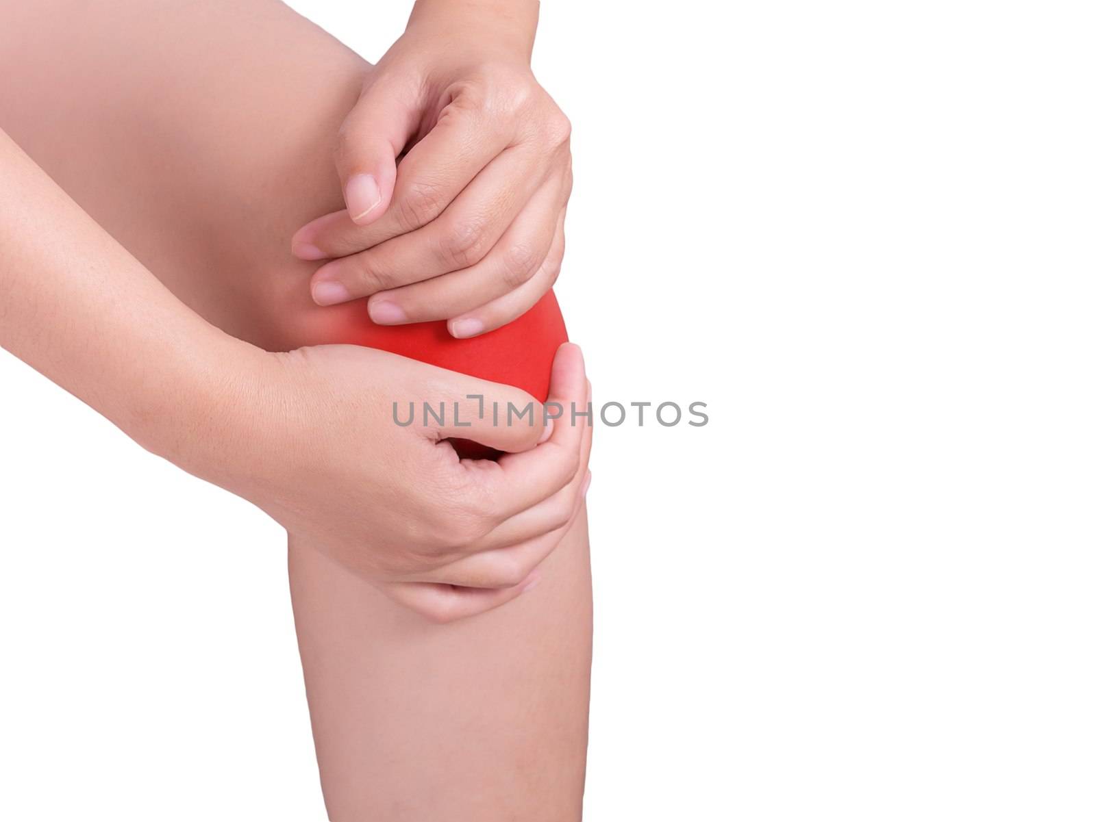 woman suffering from knee pain, joint pains. red color highlight at knee isolated on white background. health care and medical concept by asiandelight