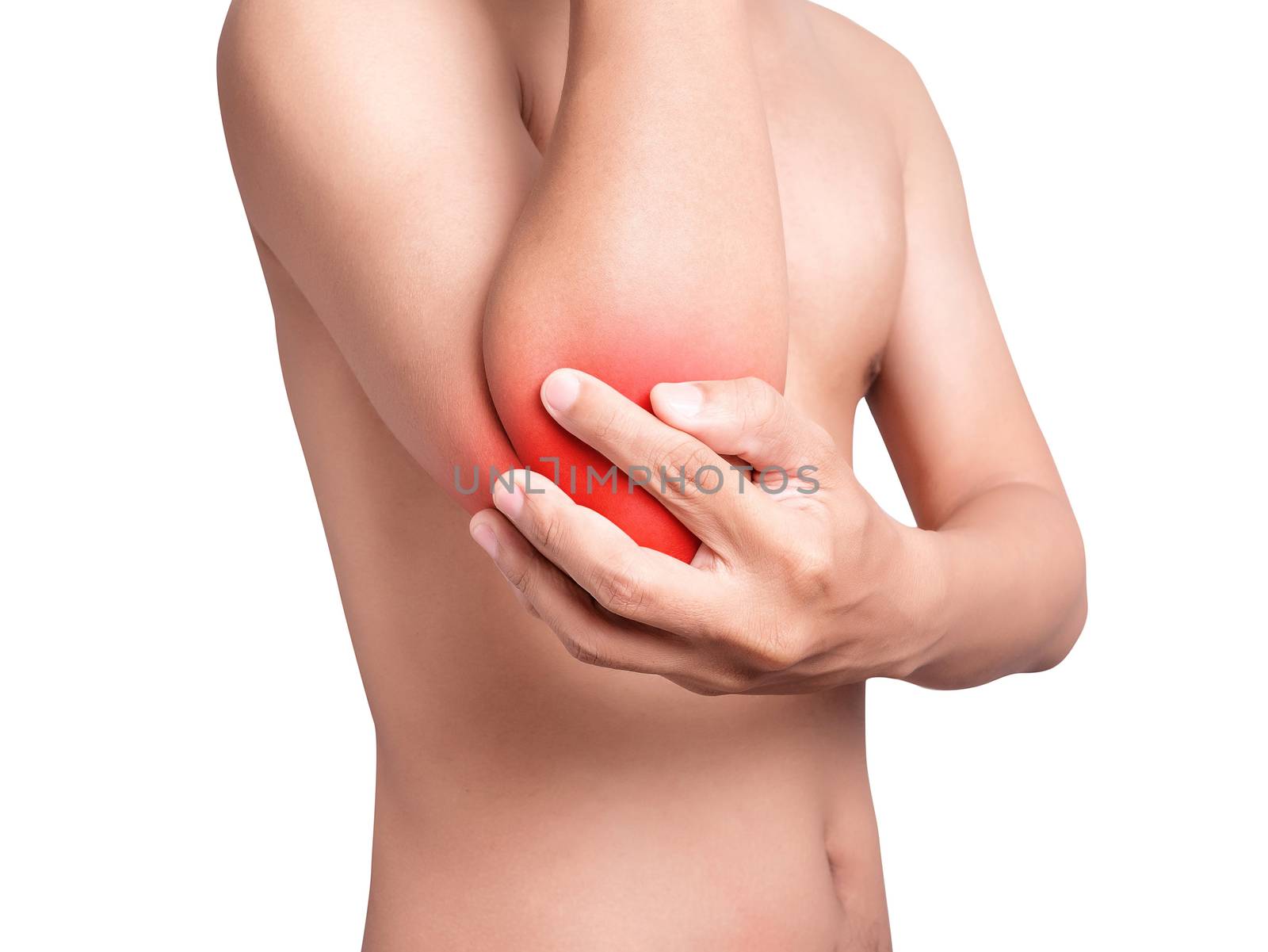 man suffering from elbow pain, joint pains. red color highlight with red at elbow isolated on white background. health care and medical concept by asiandelight