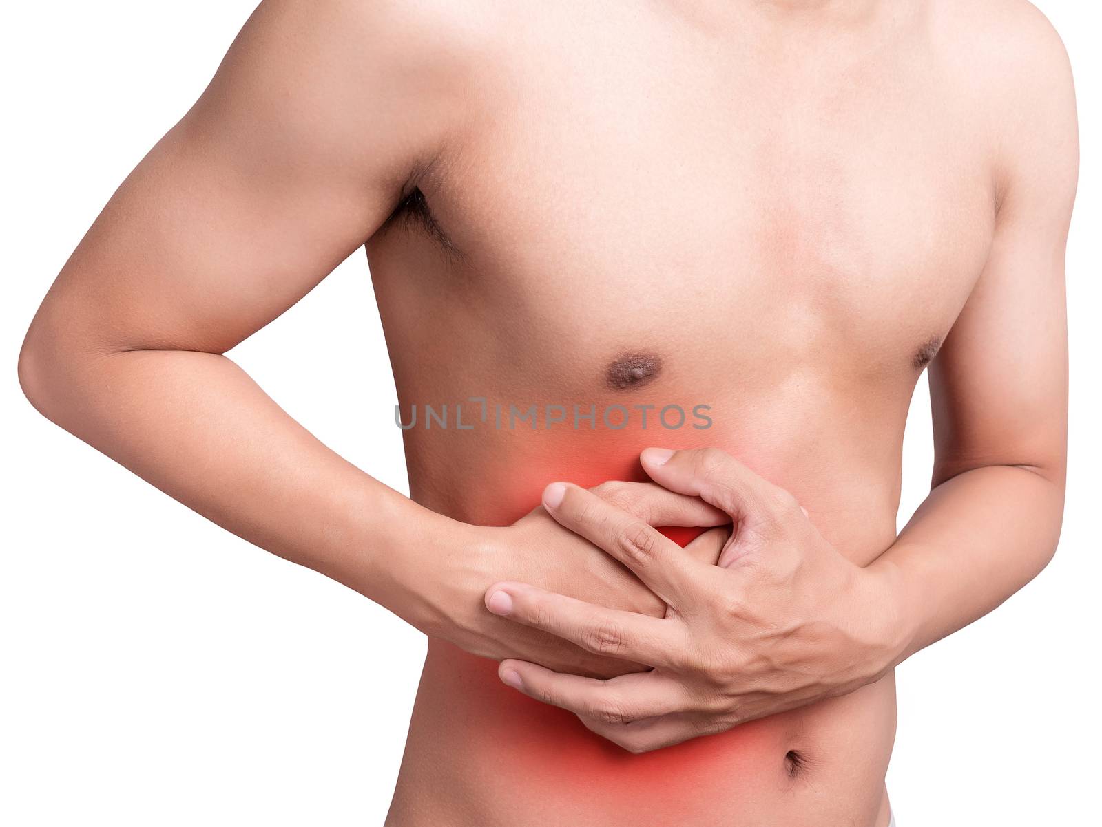 man stomach suffering from stomachache or Gastroenterologist Concept with Healthcare And Medicine. Pain in red color. Isolate on white background by asiandelight