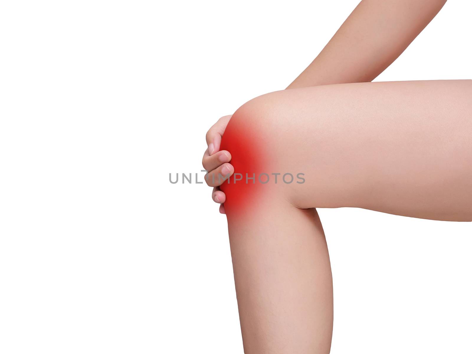 woman suffering from knee pain, joint pains. red color highlight at knee isolated on white background. health care and medical concept by asiandelight