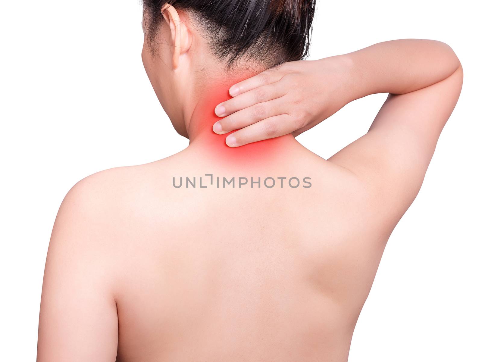 woman suffering from neck pain using hand massage painful neck and nape. red color with red highlight at neck , neck muscles isolated on white background. health care ,medical concept. studio shot by asiandelight