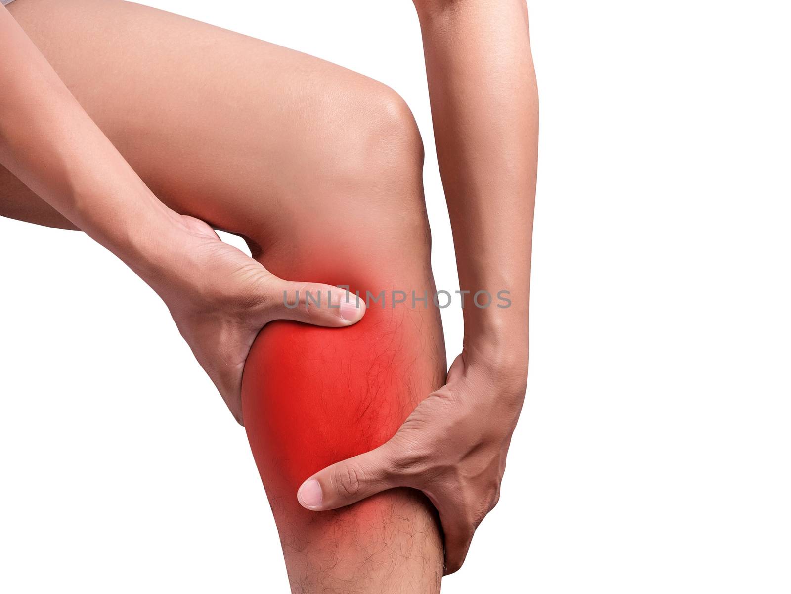 man suffering from leg pain, calf pain. red color highlight at calf, leg isolated on white background. health care and medical concept by asiandelight