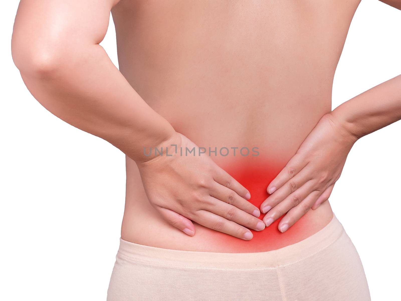 woman suffering from backache, spine hurt problem. red color highlight at back isolated on white background, studio shot. health care and medical concept