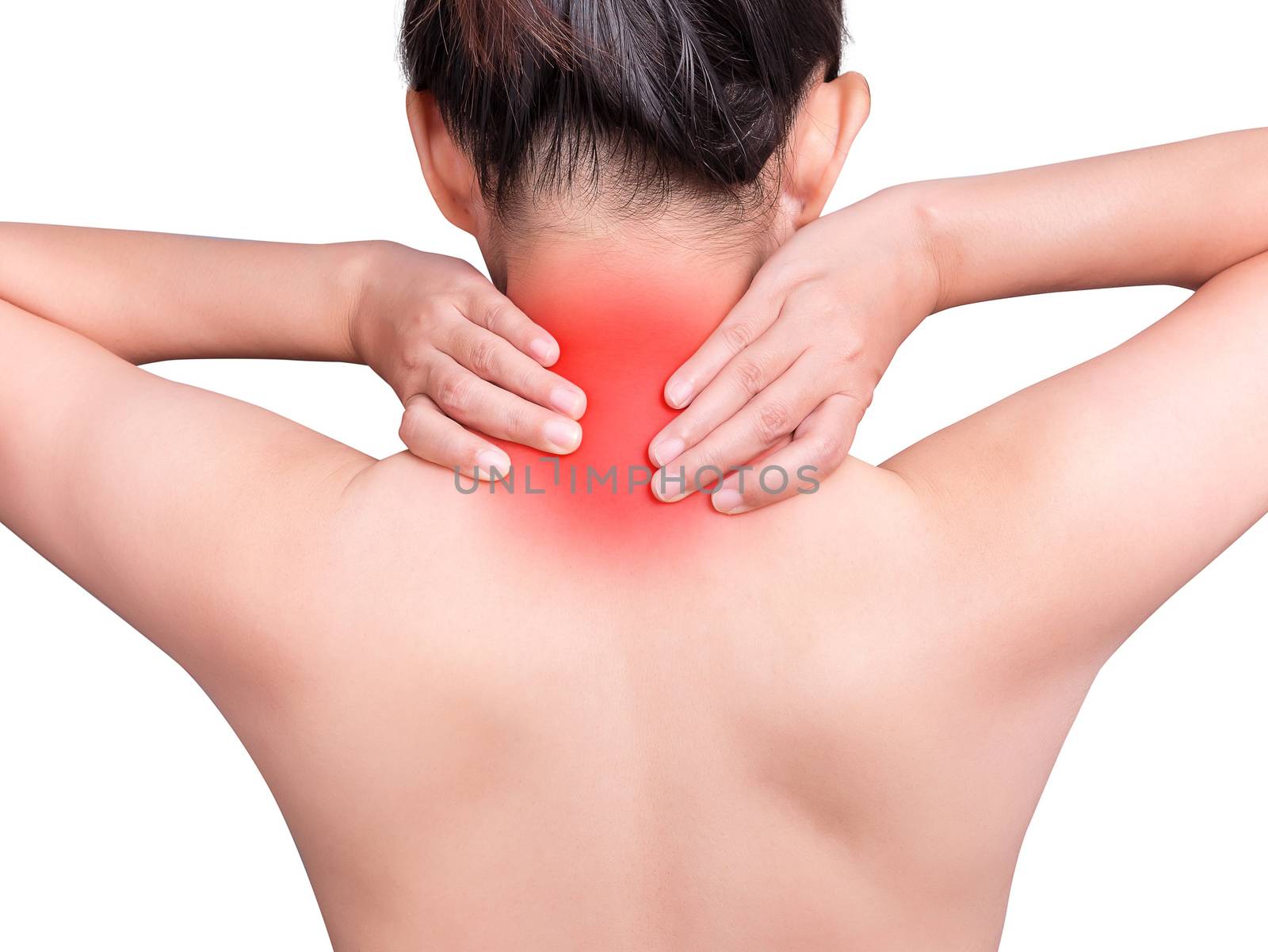 woman suffering from neck pain using hand massage painful neck and nape. red color highlight at neck , neck muscles isolated on white background. health care ,medical concept. studio shot