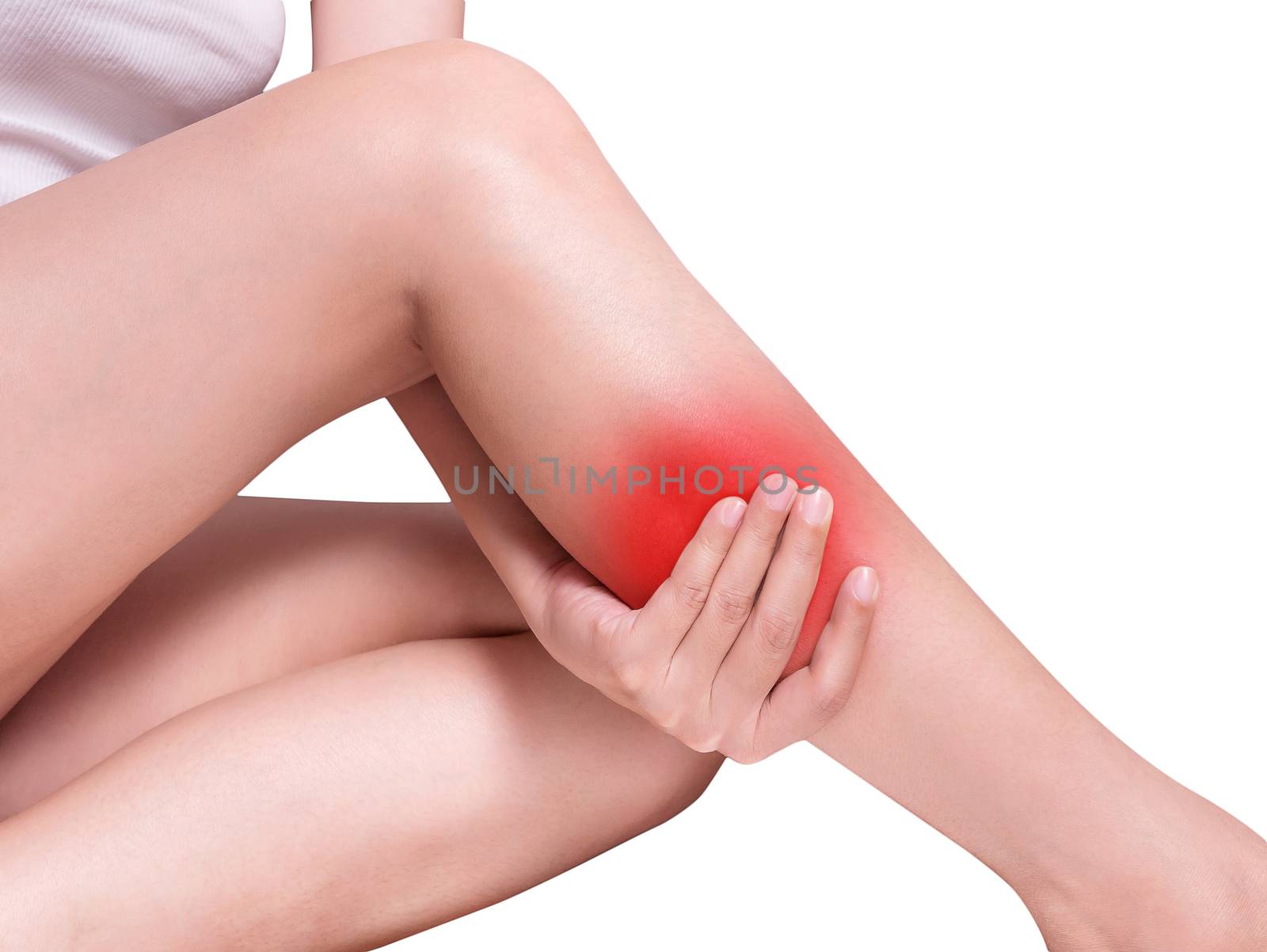 woman suffering from leg pain, calf pain. red color highlight at calf, leg isolated on white background, studio shot. health care and medical concept