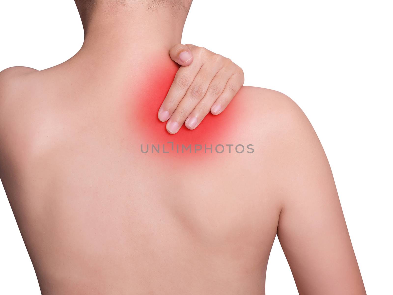 woman suffering from neck pain, shoulder pain. red color highlight at neck and shoulder isolated on white background. health care and medical concept. studio shot by asiandelight