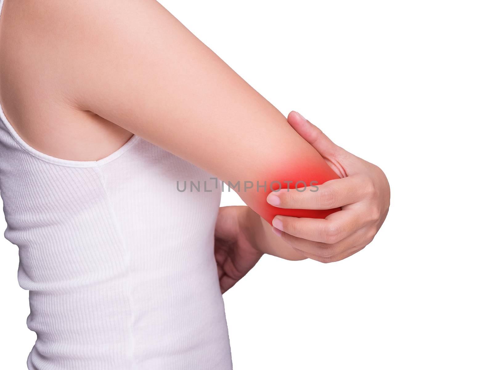 woman suffering from elbow pain, toggle pain.red color highlight at elbow , toggle isolated on white background. health care and medical concept by asiandelight