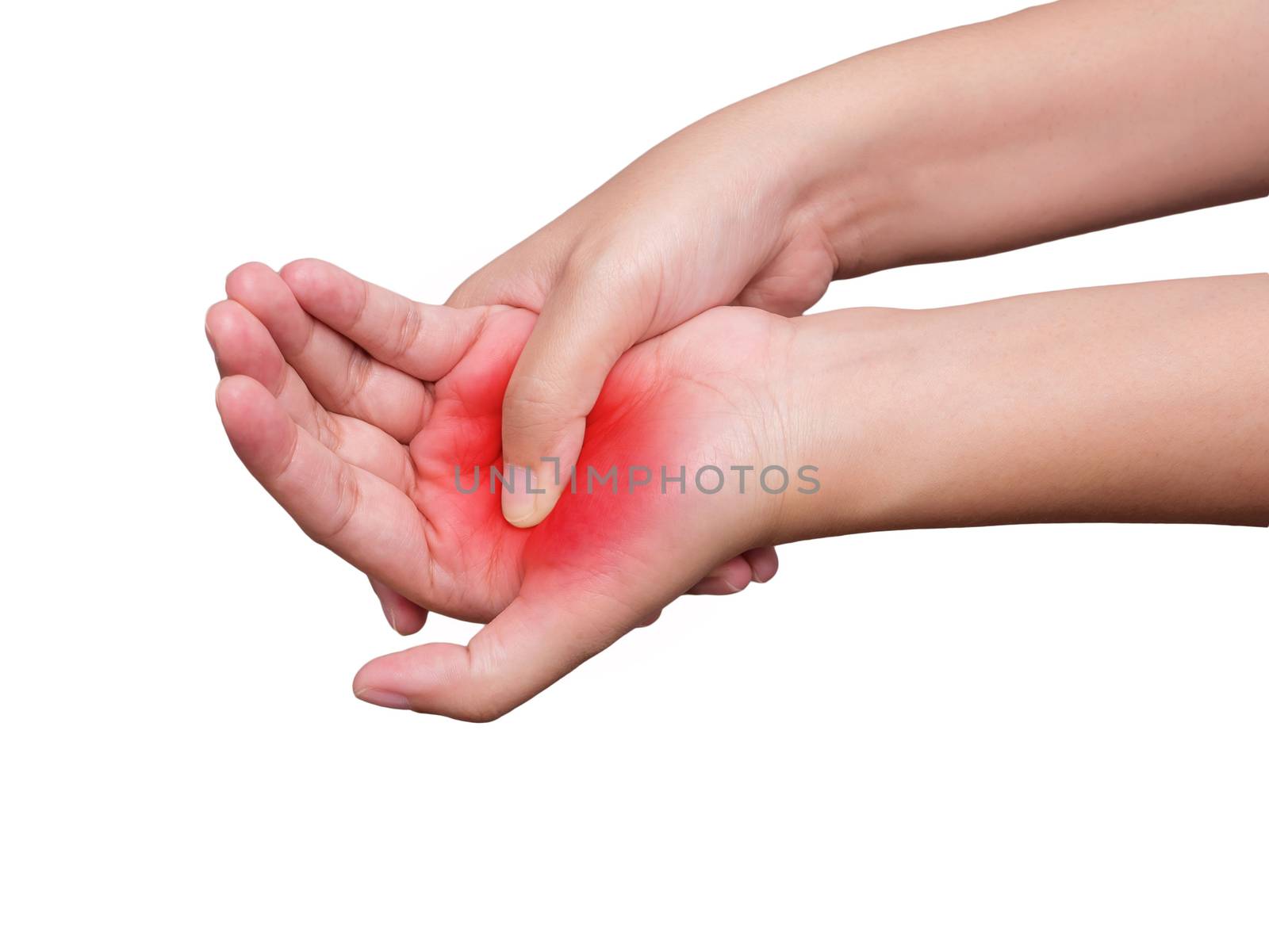 woman suffering from pain in hand. red color highlight at hand isolated on white background. health care and medical concept, studio shot by asiandelight