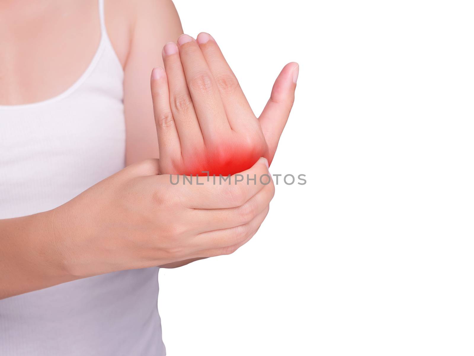 woman suffering from pain in hand. red color highlight at hand isolated on white background. health care and medical concept, studio shot by asiandelight