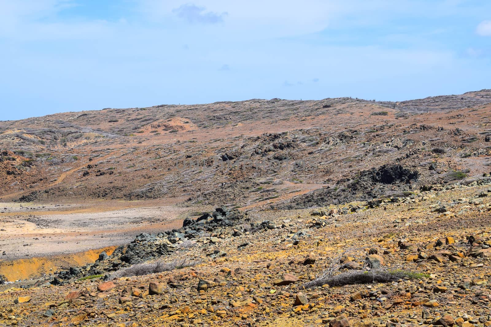 Arikok Natural Park on the island of Aruba in the Caribbean Sea with deserts and ocean waves on the rocky coast