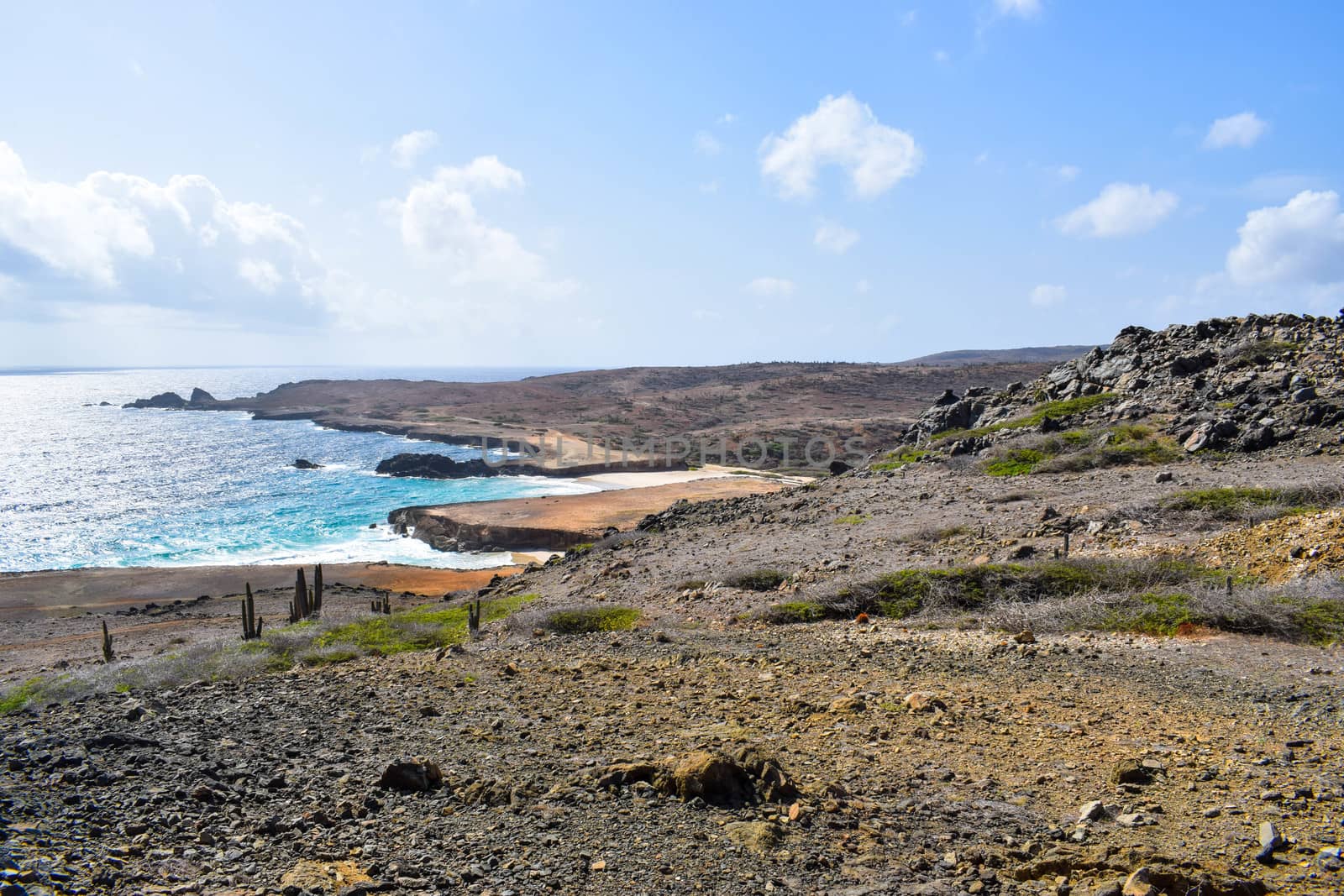 Arikok Natural Park on the island of Aruba in the Caribbean Sea with deserts and ocean waves on the rocky coast