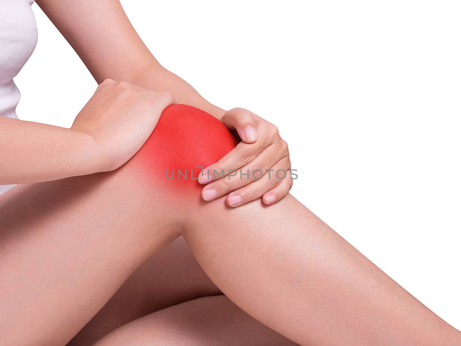 woman's hand holding around knee suffering from knee pain, joint pains. red color highlight at knee isolated on white background. health care and medical concept. studio shot