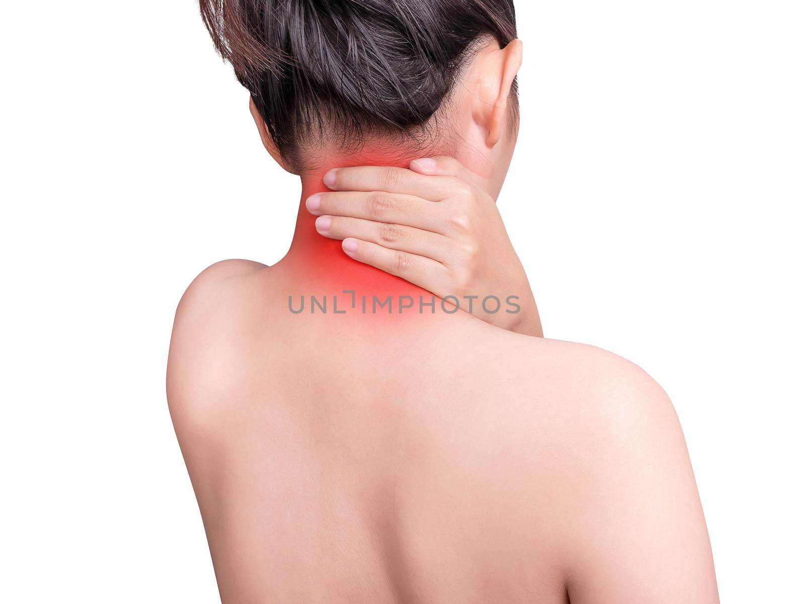 woman suffering from neck pain using hand massage painful neck and nape. red highlight effect at neck , neck muscles isolated on white background. health care ,medical concept. studio shot by asiandelight