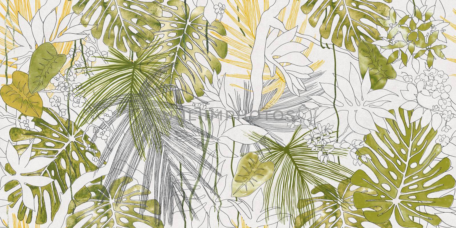 seamless pattern with tropical leaves and flowers