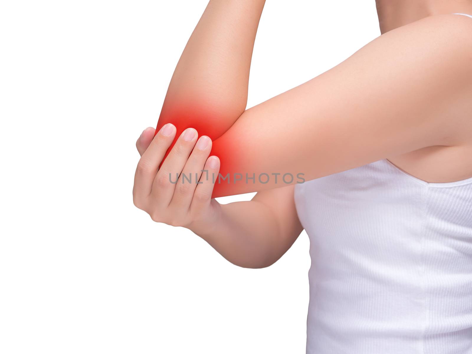 woman suffering from elbow pain, joint pains. red highlight at elbow isolated on white background. health care and medical concept by asiandelight