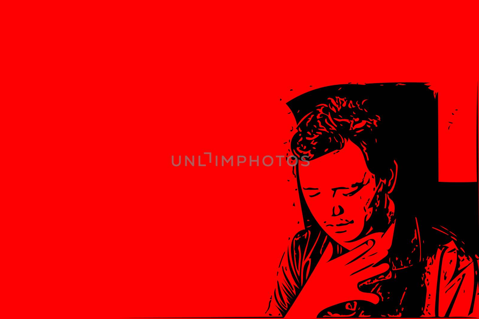 Sketch drawing of man pain from disease heart attack in healthcare and angina concept on red background with copy space use for artwork, template or slideshow