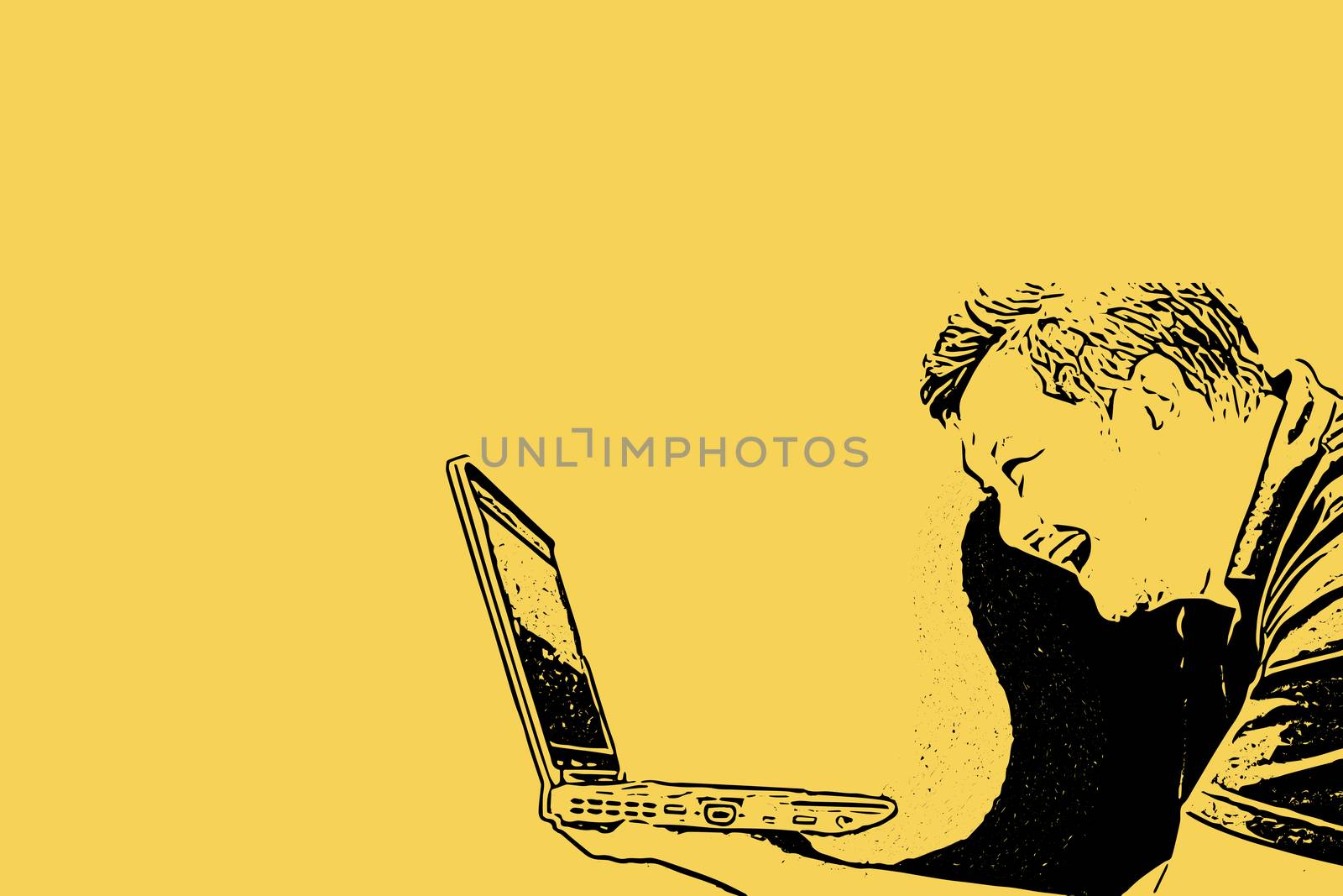 Sketch drawing of man holding computer notebook or laptop with laughing and smile in happiness and cheerful concept on yellow background with copy space use for artwork, template or slideshow