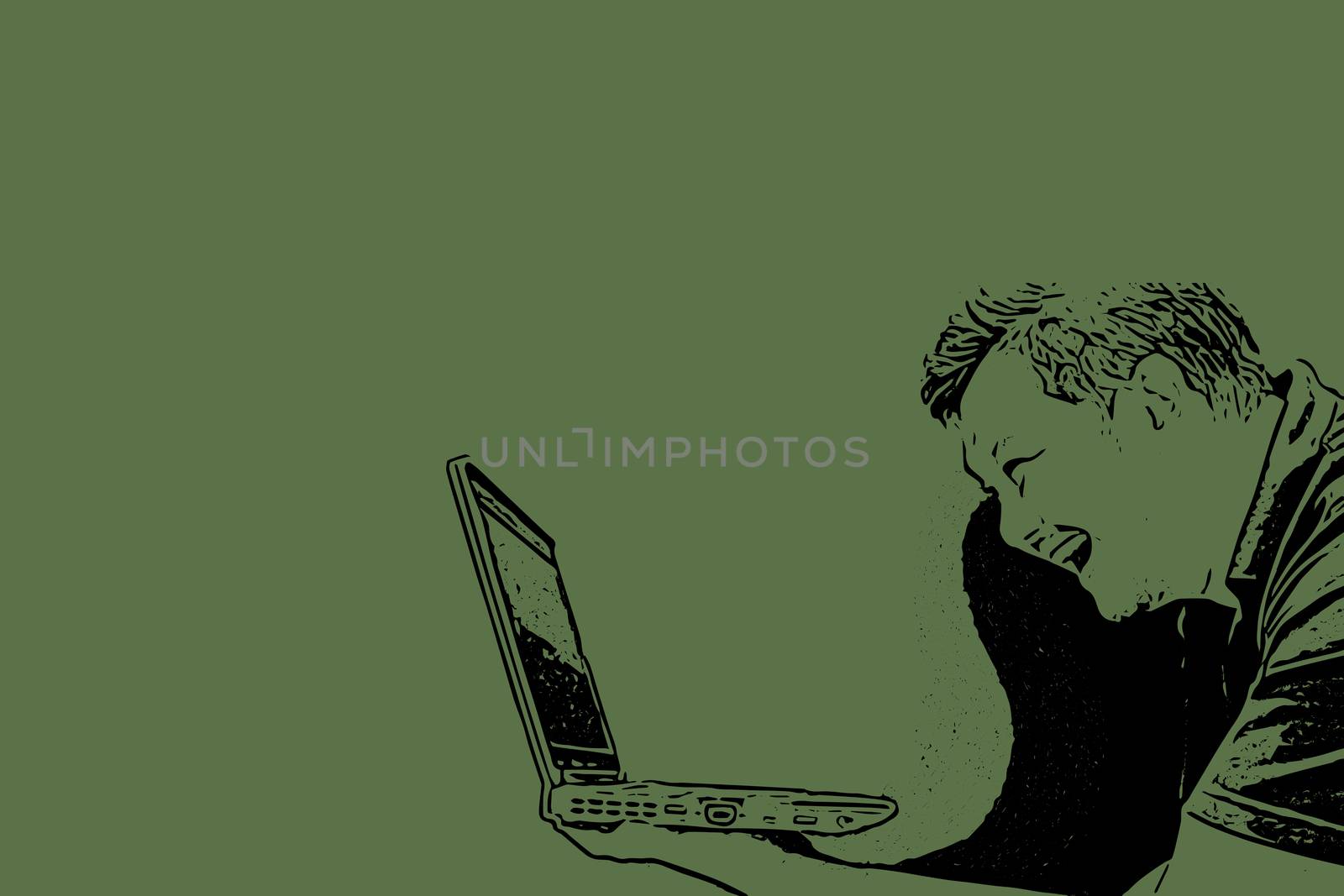 Sketch drawing of man holding computer notebook or laptop with laughing and smile in happiness and cheerful concept on green background with copy space use for artwork, template or slideshow