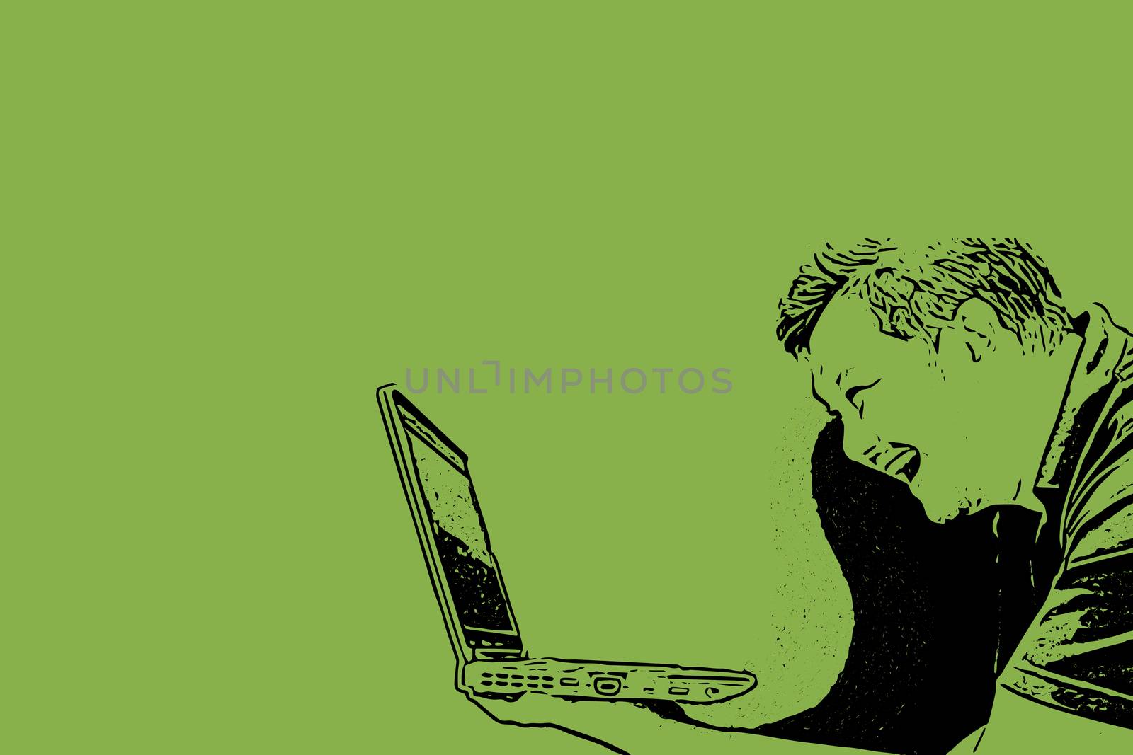 Sketch drawing of man holding computer notebook or laptop with laughing and smile in happiness and cheerful concept on green background with copy space use for artwork, template or slideshow