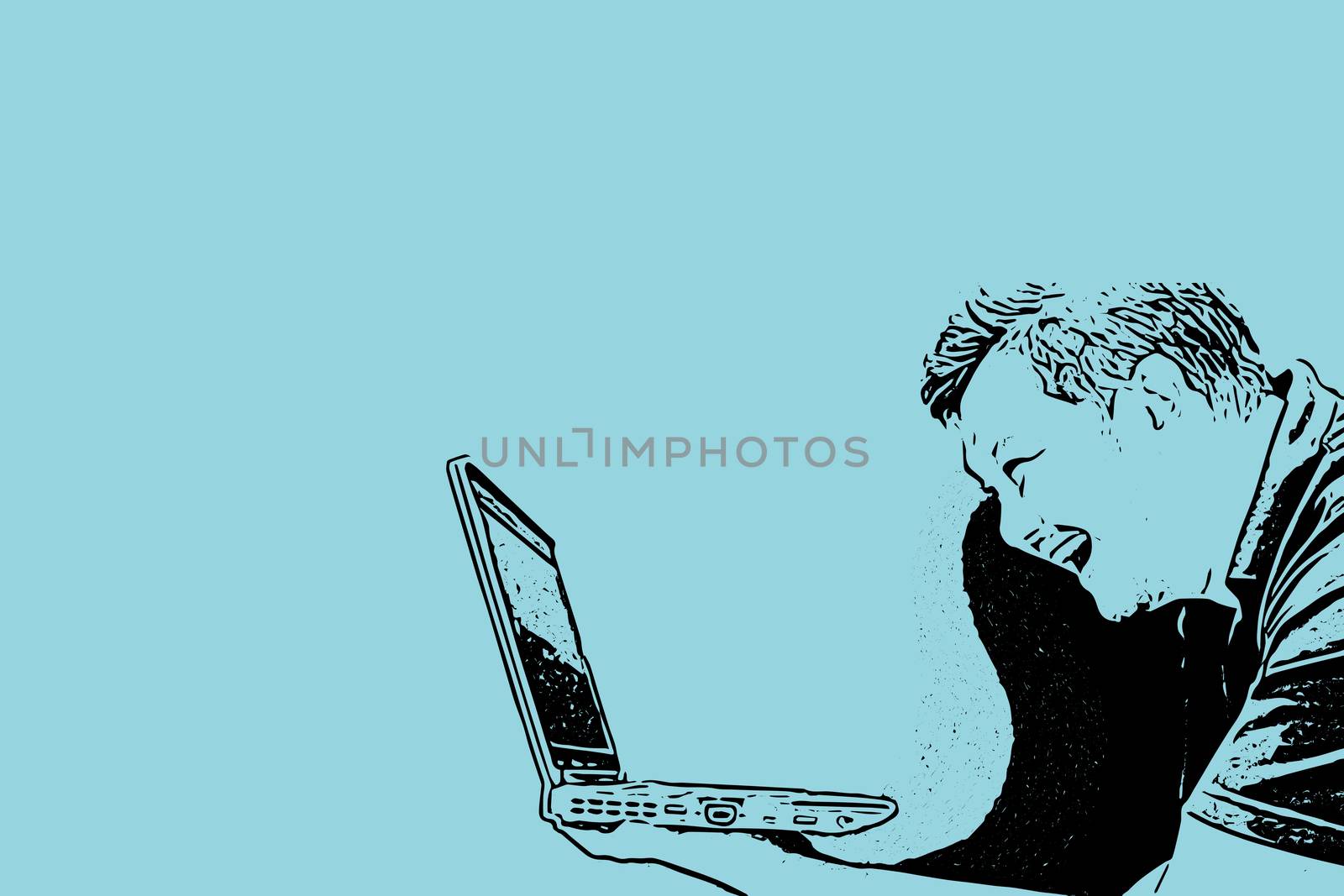 Sketch drawing of man holding computer notebook or laptop with laughing and smile in happiness and cheerful concept on blue background with copy space use for artwork, template or slideshow