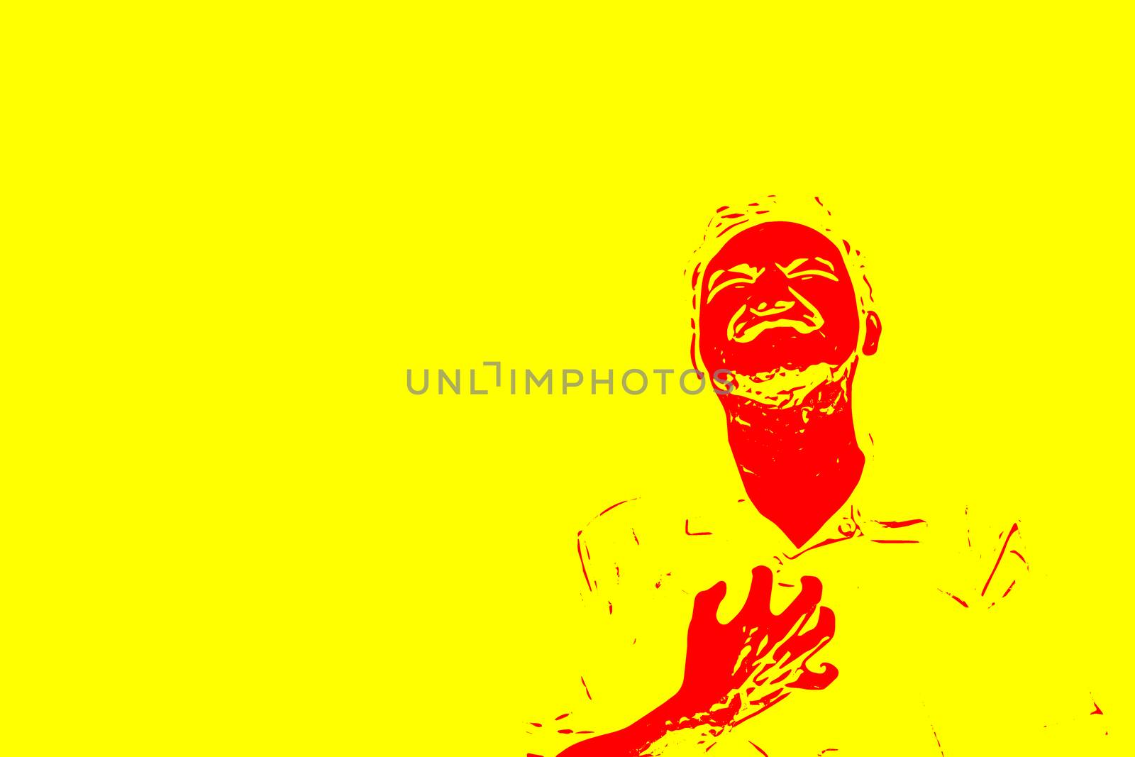 Sketch drawing of man pain from disease heart attack in healthcare and angina concept on yellow background with copy space use for artwork, template or slideshow
